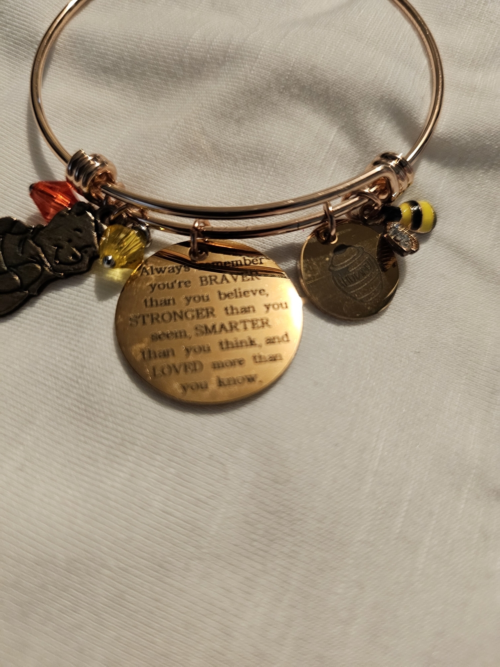 Rose Gold Inspirational Charm Bangle Bracelet with Yellow and Red Accents